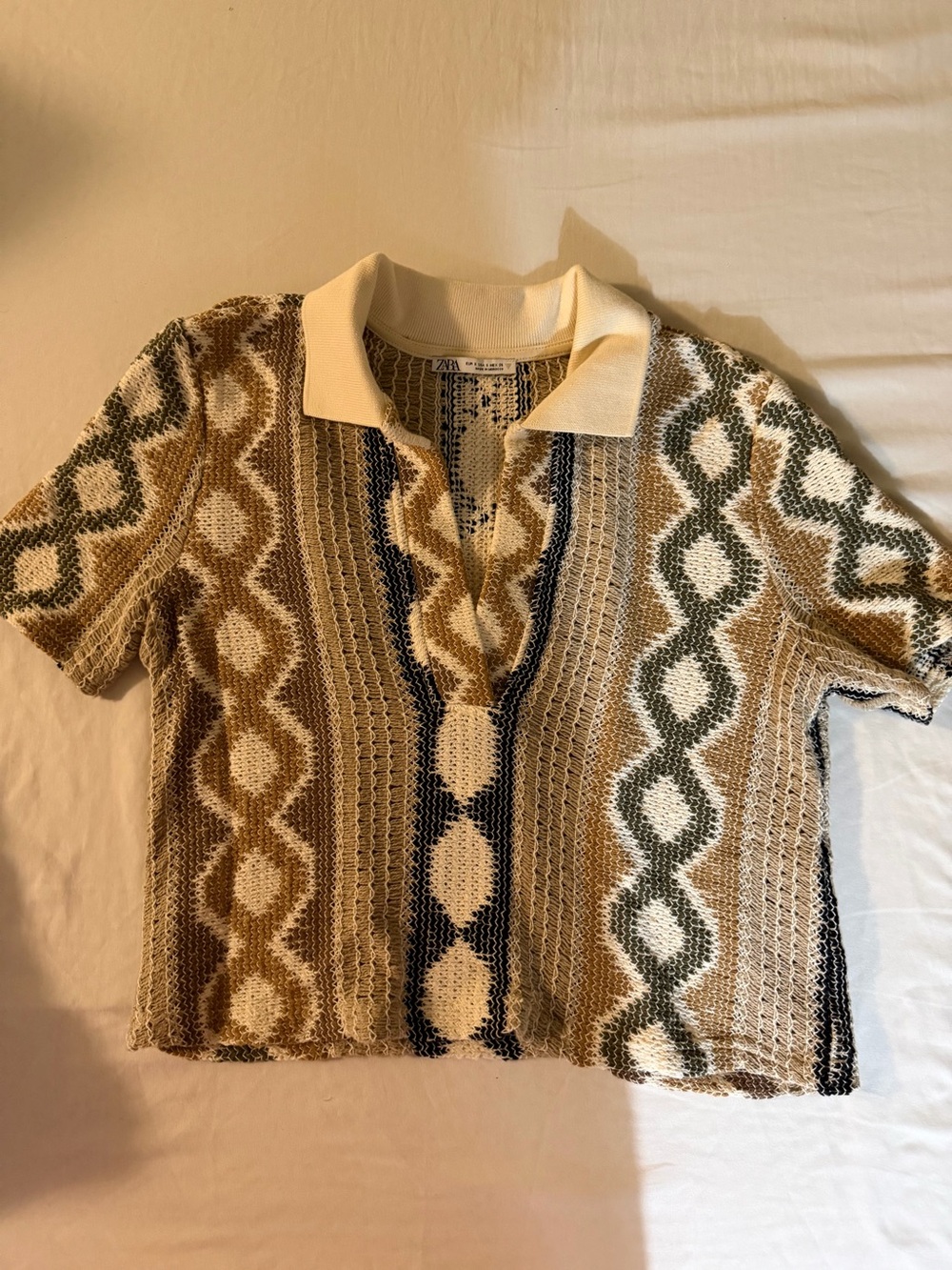 Zara Multi-Tone Open Knit Polo Top in Cream, Tan & Olive